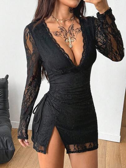 Coolane Abiti mini neri eleganti da donna con scollo a V, maniche lunghe in pizzo, stile Y2K, grunge e punk, per feste in autunno