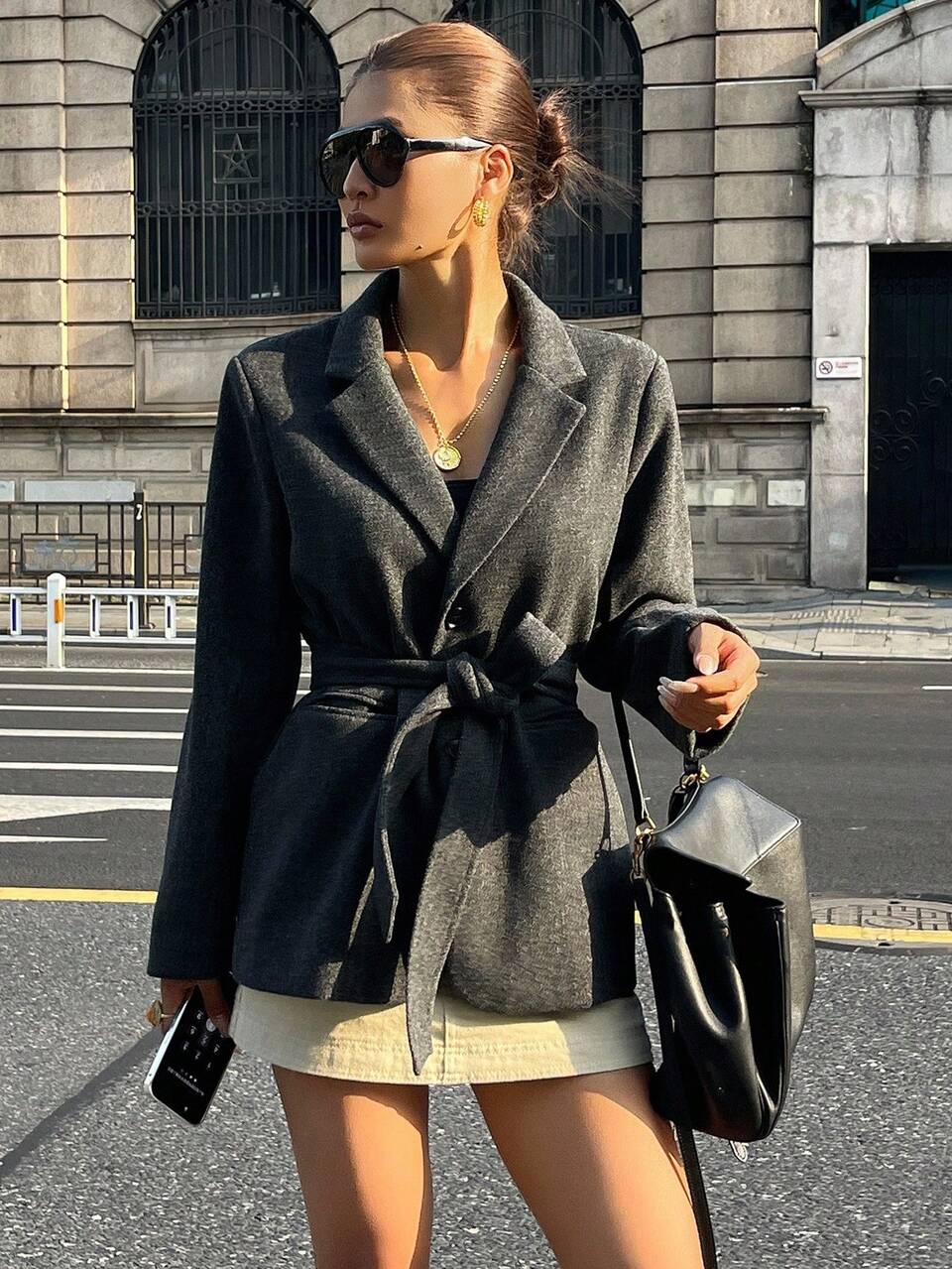 Women's Casual Solid Color Belted Blazer, Autumn Business Attire School Western Outfits For Women