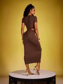 INAWLY Solva Ladies' Fashion Solid Color Short Sleeve T-Shirt And Skirt Set - Coffee Brown - View 2