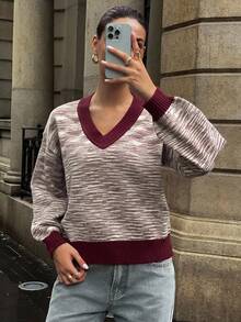 DAZY Pull décontracté à col V bicolore pour femmes, automne - Tabac - Voir 1