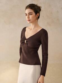 Cévolie Women's V-Neck Long Sleeve Metal Decor Fashion Knit Pullover Sweater, Autumn - Coffee Brown - View 3
