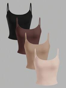 SHEIN EZwear 4pcs Women's Black, Brown, Khaki, Apricot Tight Fitted Cropped Casual Tank Tops, Suitable For Summer - Multicolor - View 1