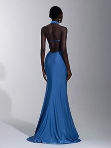Elitara Elegant, Romantic, Sexy, Simple, Gray-Blue, Stretch Fabric, Backless, Fishtail Hem, Fashionable, Popular, Suitable For Vacation, Festival, Birthday Party, Wedding Event, Dinner Dress, Bridesmaid Dress - Blue - View 2