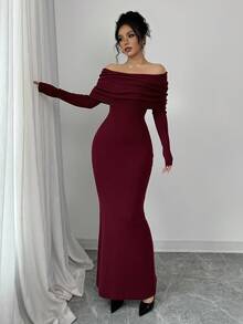 Selianne Váy len dài trễ vai ôm sát viền đuôi cá thời trang, thoải mái với chất liệu len, phù hợp cho mùa xuân, thu và đông - Màu Đỏ Sâu - Xem 5