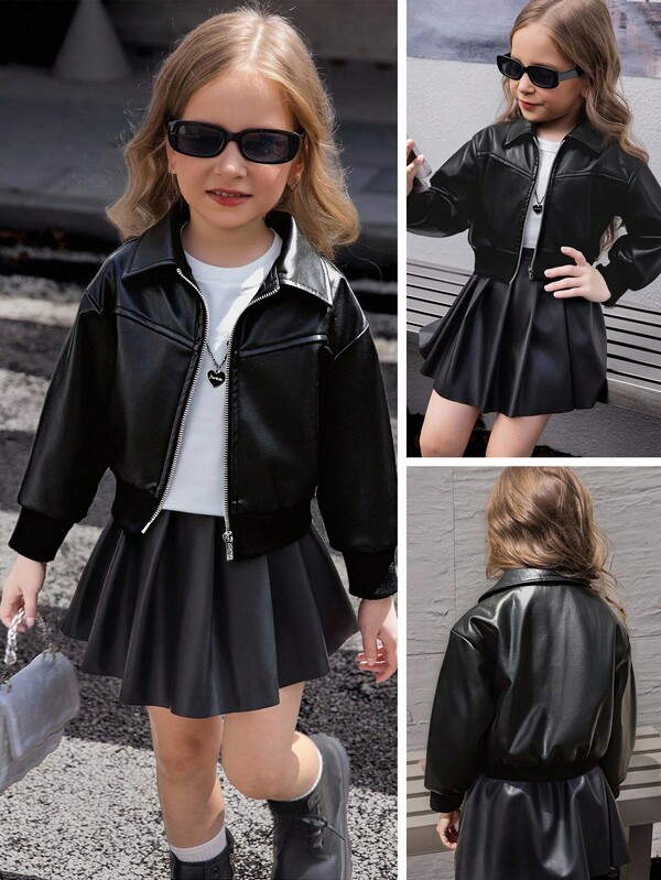 Chaqueta de motocicleta de piel de poliuretano negra para niñas jóvenes, material de piel de poliuretano crujiente, diseño de solapa clásico, cremallera plateada, estilo corto minimalista, vibra dulce y fresca, otoño/invierno