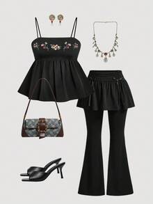 SHEIN MOD Plus Size Black Embroidered Lace Vintage Resort Style Embroidered Women Camisole Black Babydoll Top Embroidered Top,Halloween,Autumn Clothes,Fall Clothes,Retro,Chic,Vintage Style Embroidered Peasant Crop Top For Women, Summer, Casual, Boho, Country Concert, Rave Festival, Festival, Western, Brunch, Beach, Cute, Fairy Core, Going Out Tops, Boho Tops, Party Tops, Black Top, Rave Top