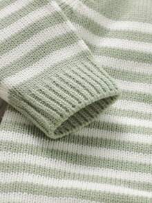 Pale Green Infant Knitted Romper: Round Neck Long Sleeve Simple Striped Design, Fashionable Jumpsuit Versatile Style Baby Boys Winter Clothes Baby Boys Fall Clothes Baby Boys Fall Outfits
