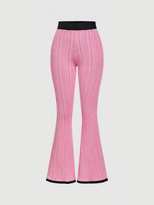 SHEIN MOD Women's Contrast Color Elastic Waist Casual Knit Flare Pants,Fall Clothes For Women,Pink Knit Pants,Flared Pants
