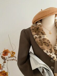 Sweetra Áo khoác cổ chữ V họa tiết da báo dành cho nữ, Thu/Đông - Cà phê nâu - Xem 9