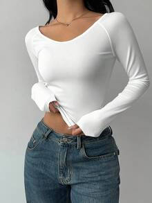 SHEIN BASICS 休闲简约罗纹宽领女式长袖 T 恤，百搭，打底衫，秋冬 - 彩色 - 查看 5