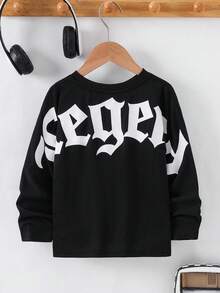 男童休闲舒适黑色字母印花T恤，适合万圣节装扮、长袖上衣、秋季/秋季、学校、花园、生日、秋冬季节穿着。 - 黑色 - 查看 2