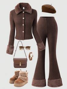 SHEIN Sparklyn 2pcs Vintage Casual Set: Fitted Striped Lapel Fuzzy Long Sleeve Button-Up Cardigan Top And Solid Color Flare Pants For Teen Girls, Fall, Fall Outfits - Brown - View 2