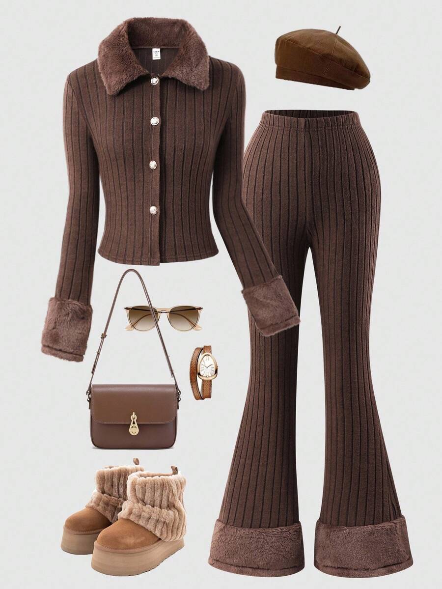 SHEIN Sparklyn 2pcs Vintage Casual Set: Fitted Striped Lapel Fuzzy Long Sleeve Button-Up Cardigan Top And Solid Color Flare Pants For Teen Girls, Fall, Fall Outfits