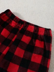 女童休闲雪人印花圆领长袖上衣和格子裤两件套家居服套装 - 紅色 - 查看 6