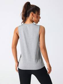 Easithlete Women Letter Print Minimalist Casual Sports Sleeveless Round Neck T-Shirt - Light Grey - View 2