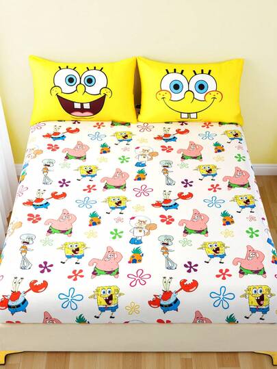 SpongeBob SquarePants | SHEIN 1pc Cute Cartoon Pattern Fitted Sheet, White Fitted Sheet, Fits Twin/Full/Queen/King Size Bed, Soft, Breathable, Warm, Machine Washable