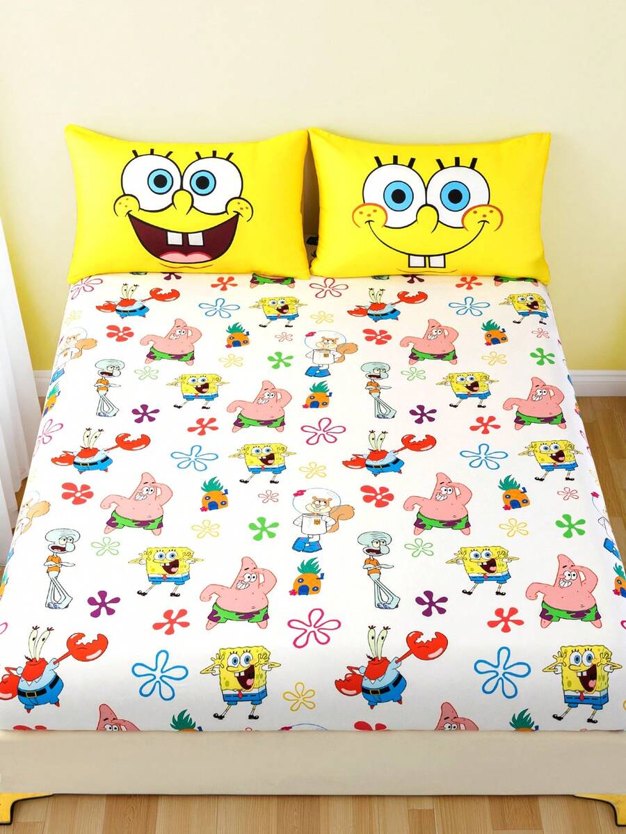 SpongeBob SquarePants | SHEIN 1 件可爱卡通图案床笠,白色床笠,适合单人床/双人床/大号床/特大号床,柔软、透气、保暖,可机洗 - 彩色 - 查看 1