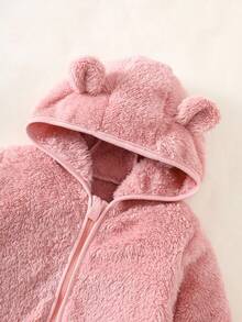 SHEIN 女婴可爱熊耳朵羊毛两件套，柔软温暖的秋冬连帽服装 - 粉色 - 查看 7