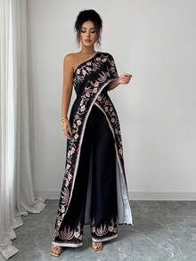 SHEIN Raffinéa 2pcs Set: Elegant Sexy Shoulder Print Loose Top And Wide Leg Pants Prom Gown For Prom Night - Black - View 3