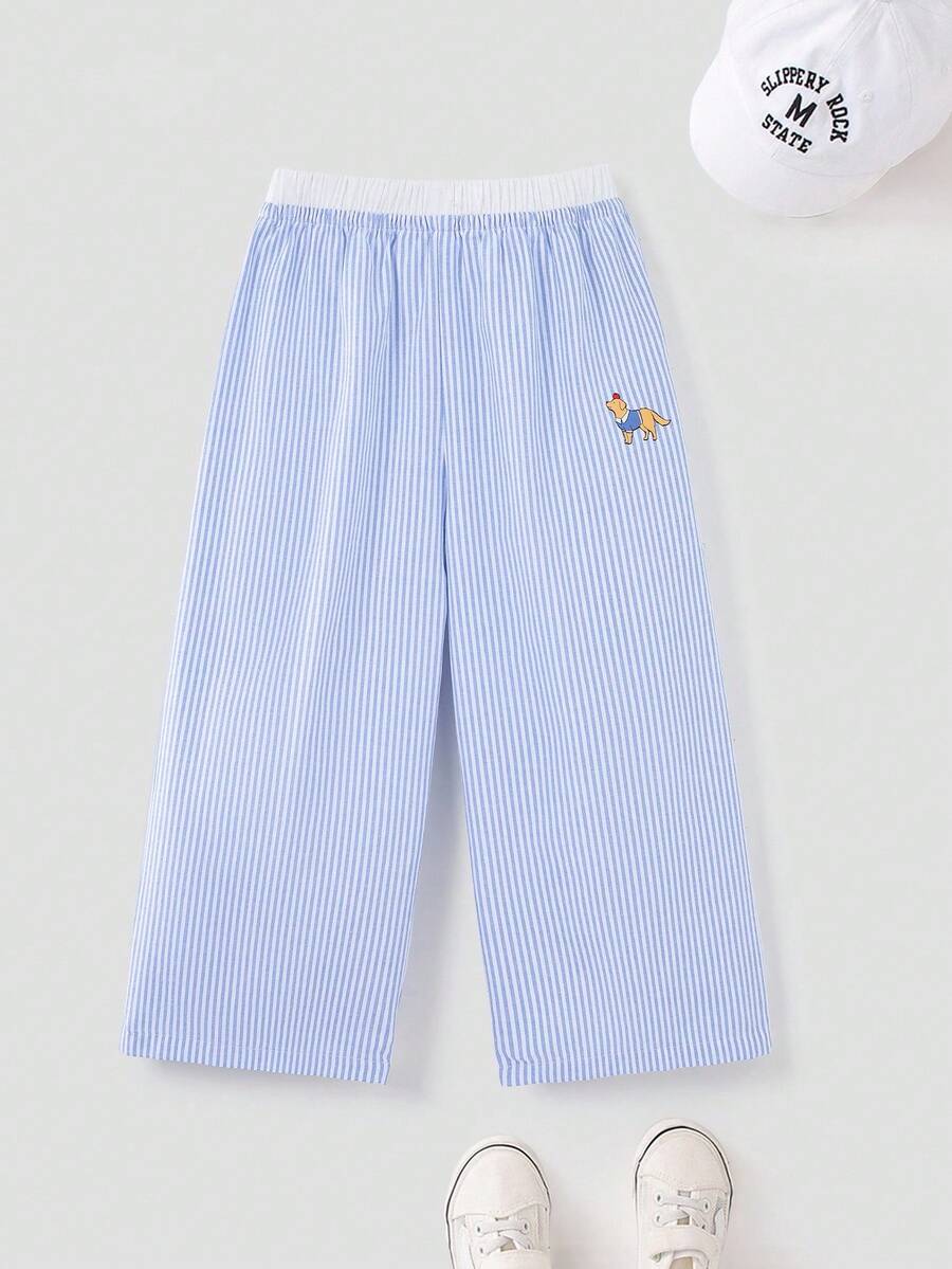 Joliand Joliand 1 件年轻女孩优雅城市学院风格可爱狗狗装饰蓝白条纹宽松裤，适合聚会、旅行、返校、派对、夏季和秋季 - 藍白色 - 查看 1