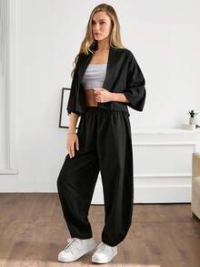 SHEIN Tall Set di due pezzi comodi e avvolgenti da donna, estivo, casual - nero - Visualizzare 3