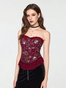 ROMWE EDITION Women's Vintage Witch-Inspired Lace Patchwork Sequin Tube Top, Burgundy - Burgundy - View 4
