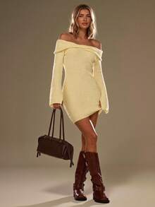 SHEIN BAE 1pc Women's Slim Pale Yellow Off Shoulder Solid Color Long Sleeve Elegant Knitted Dress,Autumn Winter Fall Sweaters Clothes,Dinner Date Dress - Yellow - View 7