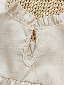 Vintaside Kids 女童秋季灯芯绒连衣裙，荷叶边领，花卉刺绣，时尚优雅，适合郊游、度假、旅行、露营、聚会、生日等场合 - 杏色 - 查看 6