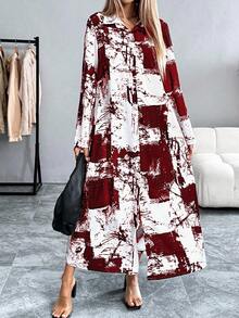 EMERY ROSE Váy sơ mi in họa tiết nhuộm loang thời trang dành cho nữ, váy dài Maxi mùa xuân thu dành cho nữ, váy dài thường ngày, váy dài tay dành cho nữ - Màu Đỏ Sâu - Xem 6