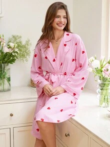 SHEIN Snug Reverie 女士睡袍，粉色条纹，撞色红心印花，衣领，腰部系带和蝴蝶结装饰，秋季 - 彩色 - 查看 6