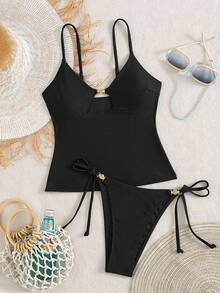 Swim Chiccia Women's Beach Summer Music Festival Spaghetti Strap Metal Jewelry Knotted Thong Mature Vacation Style Tankini Set