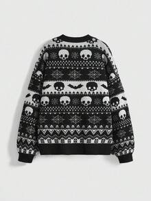 Goth Vintage Dark Skeleton & Bat Jacquard Knit Sweater For Women, Loose Fit Casual Round Neck Pullover, Autumn/Winter - Black - View 2