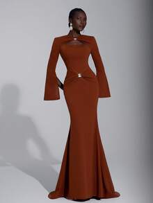 Elitara Váy dạ hội trang trọng đuôi cá thiết kế hở vai, tay loe, xẻ tà, chất liệu kim loại thủ công màu đỏ nâu sang trọng và thanh lịch dành cho nữ - màu nâu - Xem 1