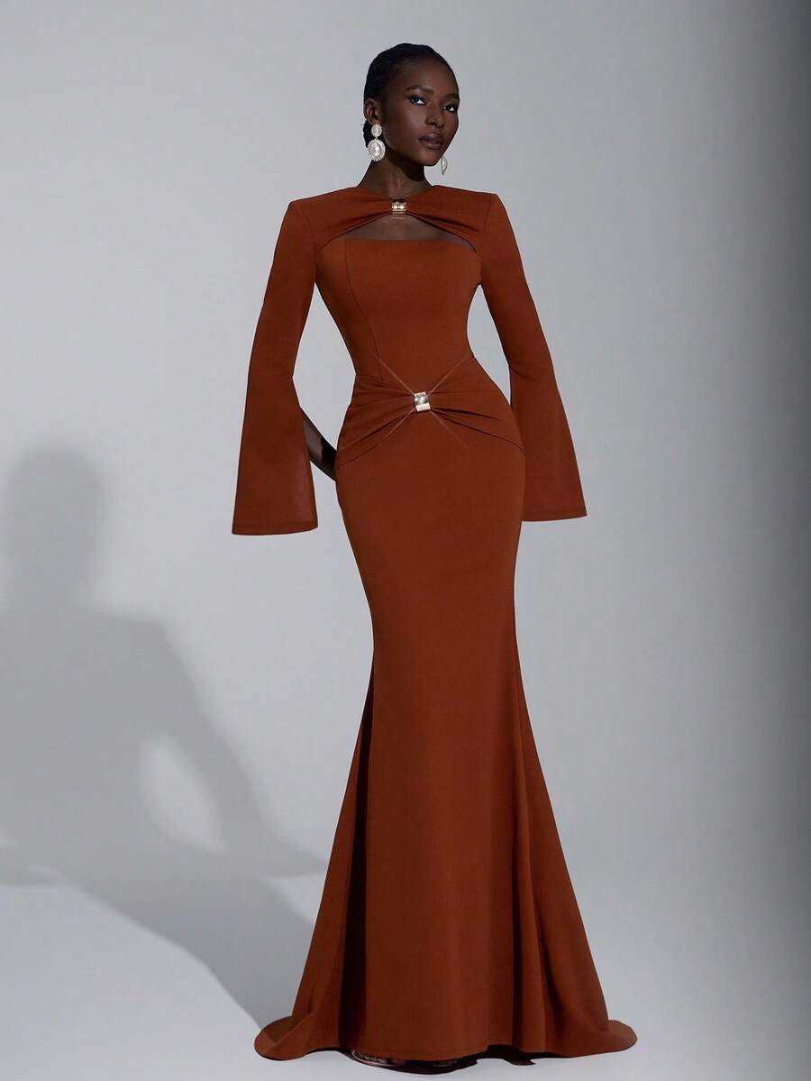 Elitara Váy dạ hội trang trọng đuôi cá thiết kế hở vai, tay loe, xẻ tà, chất liệu kim loại thủ công màu đỏ nâu sang trọng và thanh lịch dành cho nữ - màu nâu - Xem 1