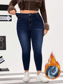 SHEIN Unity Plus Size Women's Casual Fashion Versatile Button Skinny Jeans - Blue - View 1