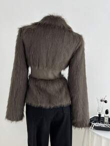 Elamini 棕色人造毛皮拼接腰部设计修身立领拉链长袖女式夹克 - 棕色 - 查看 2