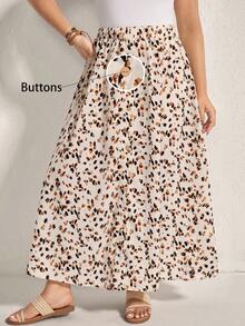 Comfylo Ropa de verano Falda larga con estampado de leopardo y decoración de botón central frontal para mujeres de talla grande, ropa de verano