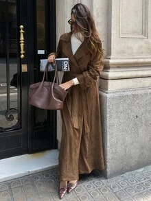 Aloruh 女款秋冬新款绒面抓绒棕色长款风衣双排扣立领配腰带宽松袖口中袖外套 - 棕色 - 查看 8