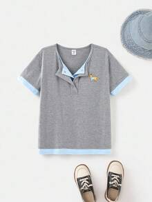 Joliand Joliand 1 件年轻女孩优雅都市休闲百搭狗狗装饰拼布灰色和浅蓝色圆领短袖 T 恤，适合返校、旅行、日常、夏季和秋季 - 彩色 - 查看 1