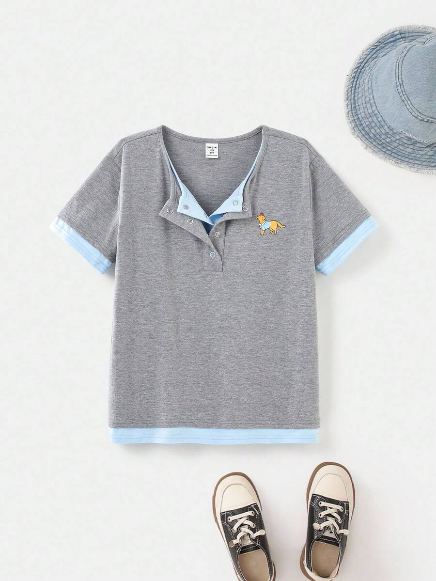 Joliand Joliand 1 件年轻女孩优雅都市休闲百搭狗狗装饰拼布灰色和浅蓝色圆领短袖 T 恤，适合返校、旅行、日常、夏季和秋季 - 彩色 - 查看 1