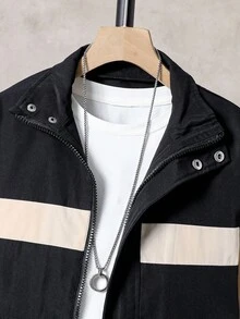 Tween Boy Contrast Color Zipper Collar Utility Pocket Jacket And Pants Casual Loose Suit, Autumn Fall Winter