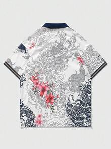 ROMWE MEN Prep Spring/Summer Casual Graphic Men'S Street Graphic Dragon Printed Polo Shirt, Suitable For Daily Wear, Spring/Summer - White - View 2