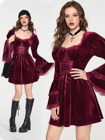 EDITION Halloween Witch Velvet Mystery Bell Sleeve Lace-Up Waist Midi Dress For Women