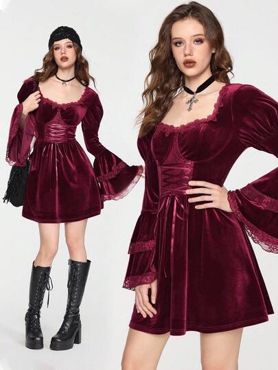 EDITION Halloween Witch Velvet Mystery Bell Sleeve Lace-Up Waist Midi Dress For Women