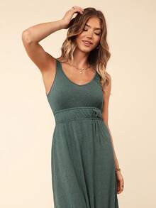 Coeurva Váy ôm sát lưng không tay màu trơn đi nghỉ mát dành cho nữ, váy mùa hè, đi biển - màu xanh lá - Xem 4