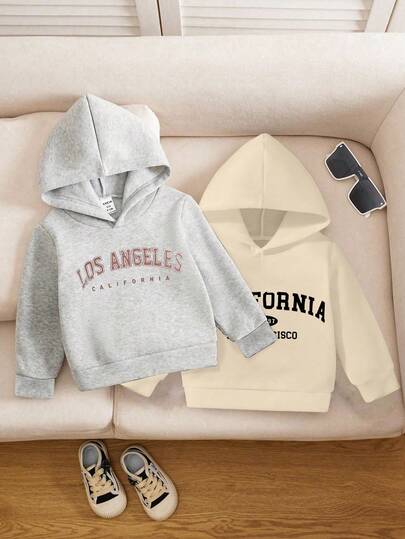 2件套男宝宝连帽卫衣，灰色和米色，字母印花，休闲，适合外出，百搭套装，秋冬