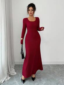 Rafferiza Elegant Burgundy Autumn Party Dress For Women,Slim-Fit Long Sleeve Back Hollow Metal Accessories Banquet Dinner Date Dress,Ladies Fashionable Outfit - Red - View 3