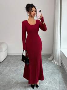 Rafferiza Elegant Burgundy Autumn Party Dress For Women,Slim-Fit Long Sleeve Back Hollow Metal Accessories Banquet Dinner Date Dress,Ladies Fashionable Outfit - Red - View 8