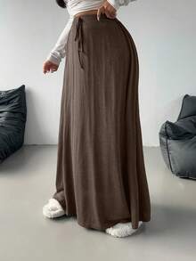 Flirla Váy len dáng rộng màu trơn thời trang đa năng cỡ lớn - màu nâu - Xem 5