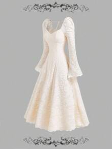 SHEIN MOD 女式杏色花卉蕾丝修身喇叭袖中长连衣裙 - 杏色 - 查看 1